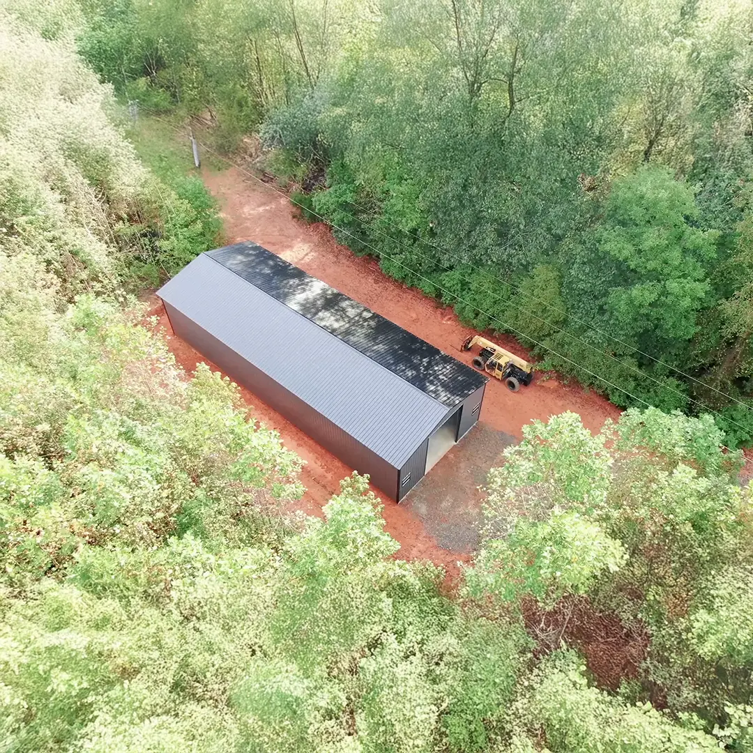 30x80x14 Metal Garage birds eye view back
