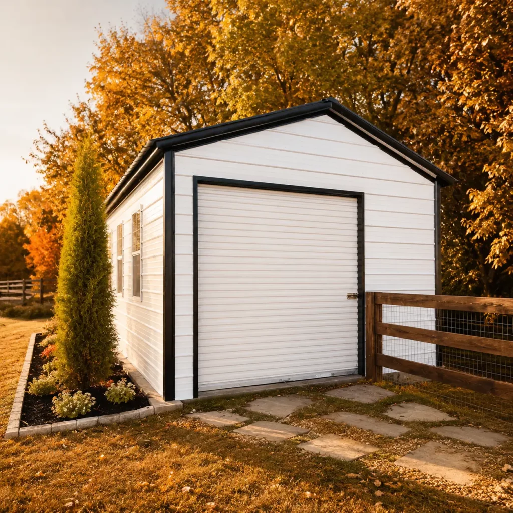 12x20x9 metal shed with one 6'x7' garage door and three 24"x36" windows.