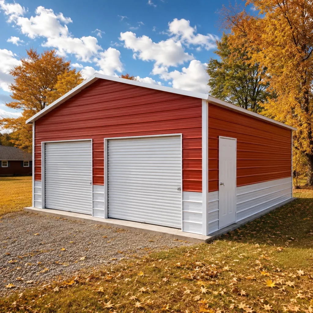 22x25x9 metal garage with two 8'x7' garage doors and one solid fiberglass door.