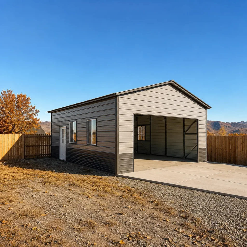 24x25x10 metal garage with one 16'x8' frame out, three 24"x36" windows, and one steel 9-lite door.