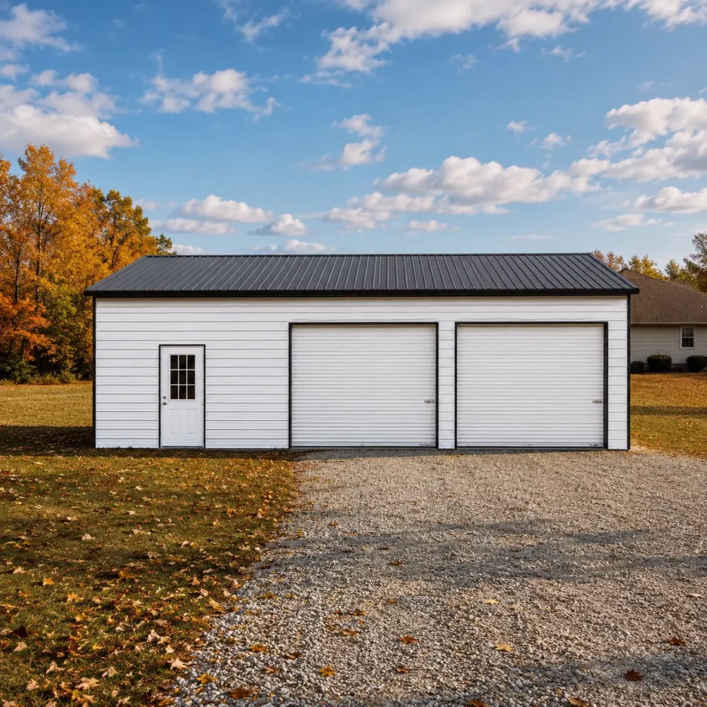 24x35x10 metal garage with two 10'x8' garage doors and one steel 9-lite door.