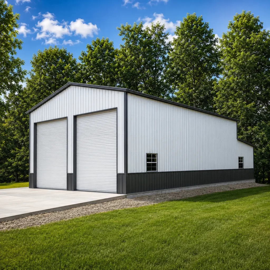 30x50x16 metal garage with a 12'x31'x10 back lean-to, two 12'x14' garage doors, one 36"x36" window, one 24"x36" window, and one solid fiberglass door.