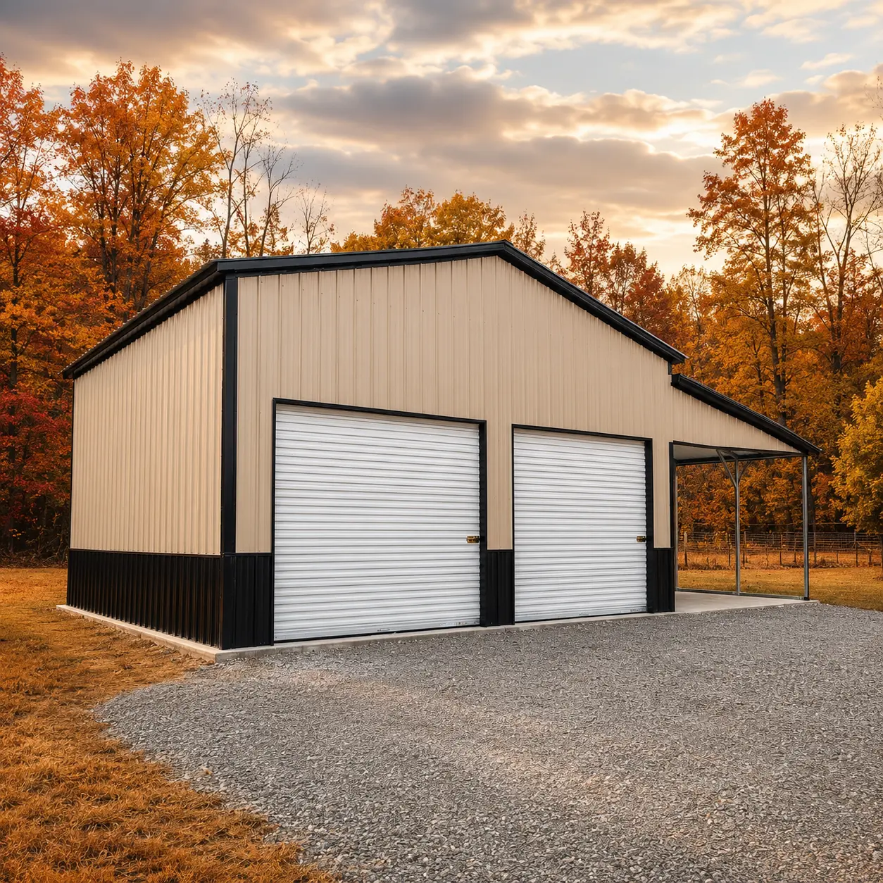 32x25x12 metal garage with a 24'x25'x12 main building, 8'x25'x9 right-side lean-to, two 10'x9' garage doors, and one solid fiberglass door.