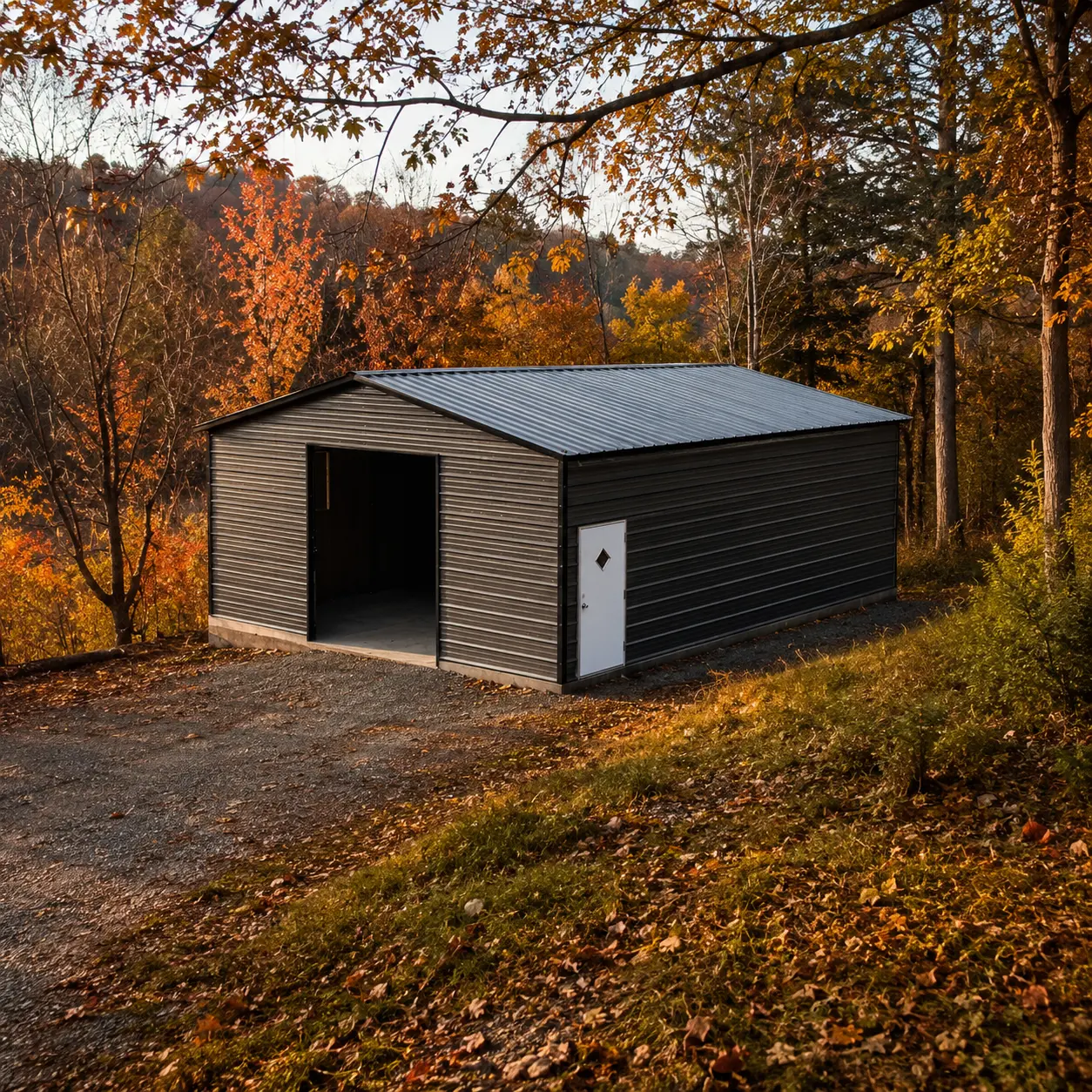 20x31x9 metal garage with one 7'x8' frame out and one fiberglass door with a diamond window.
