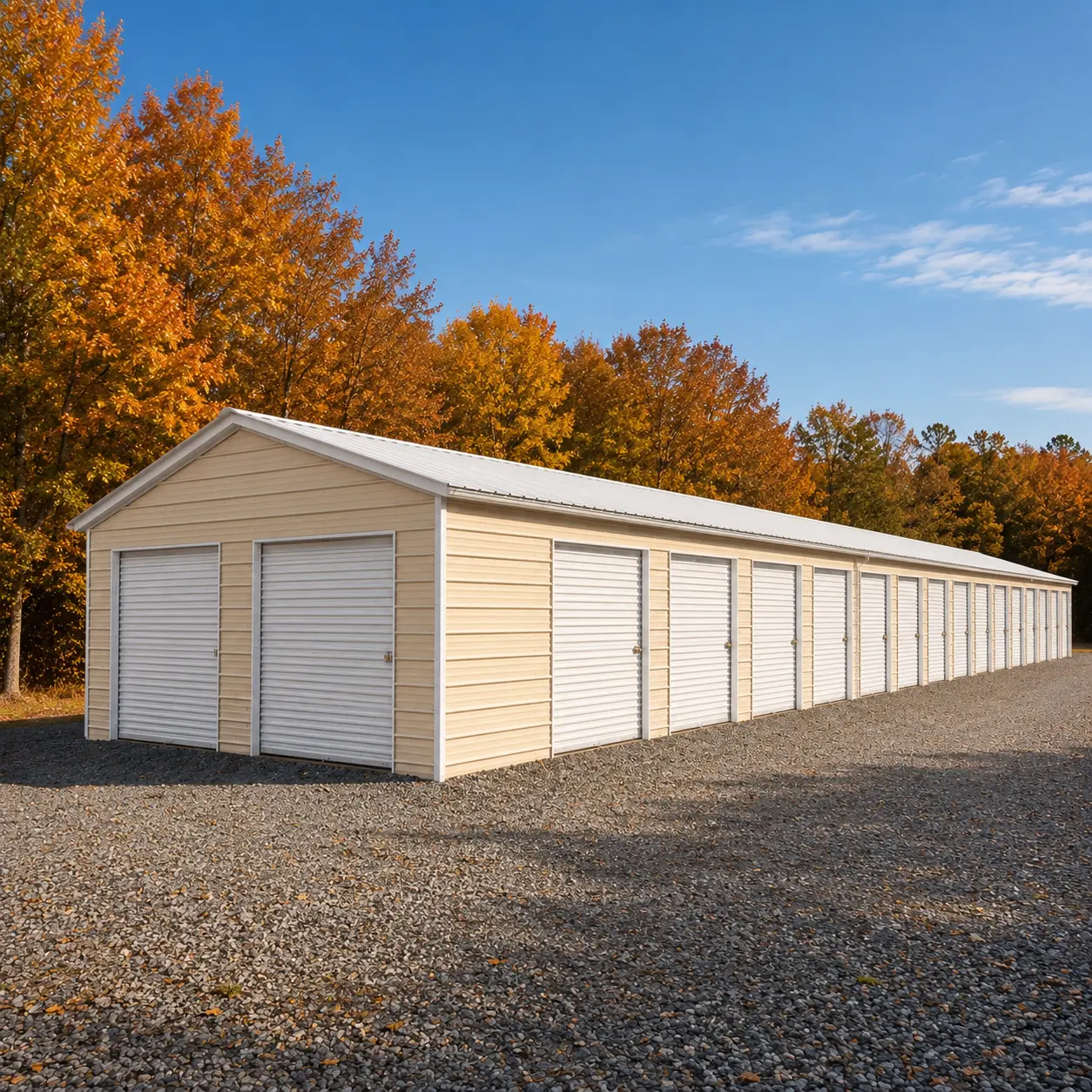 23x155x8 metal storage units building with seventeen 8'x7' garage doors and one fiberglass door.