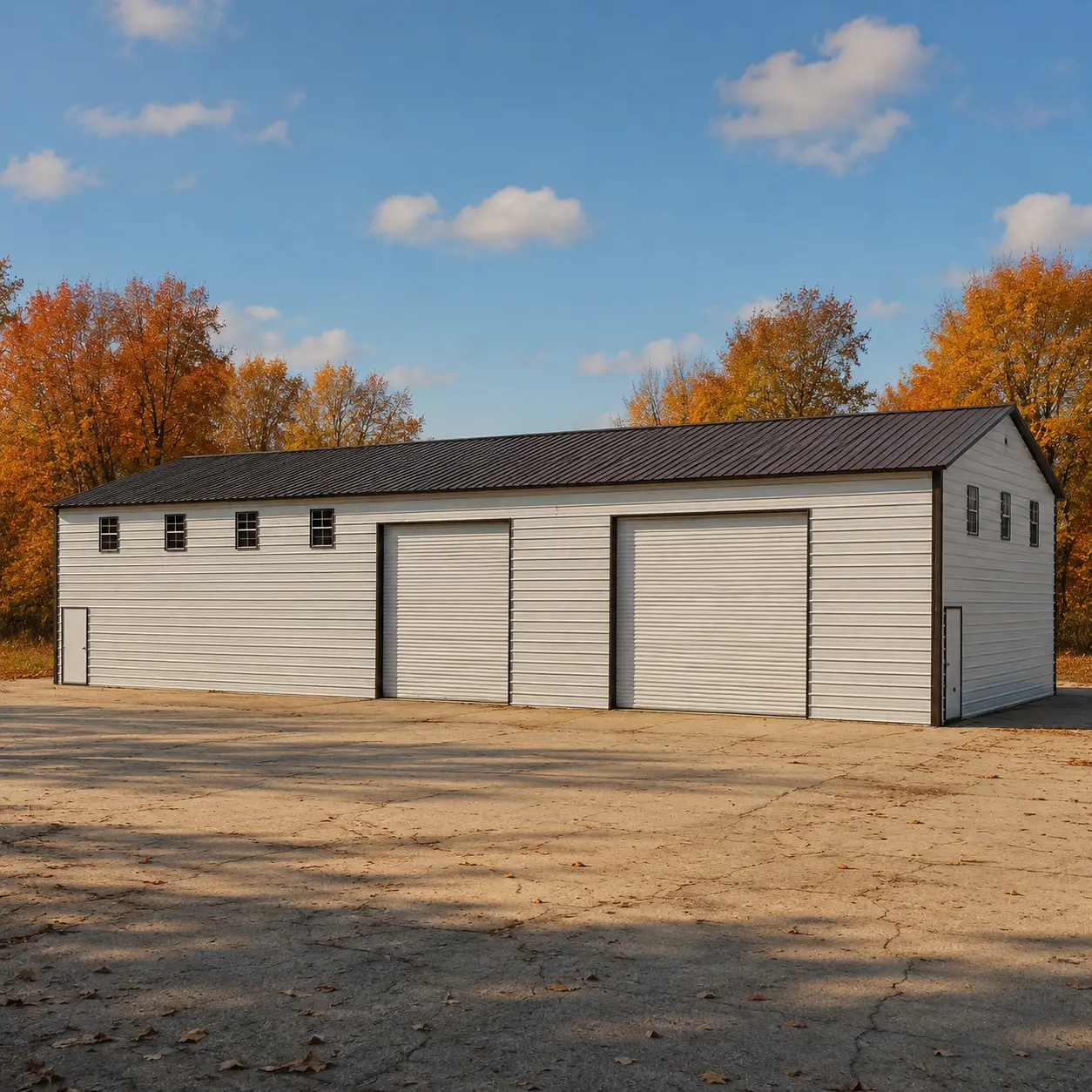 23x70x13 large building with two 10'x10' garage doors, seven 24"x36" windows, and two solid fiberglass doors.