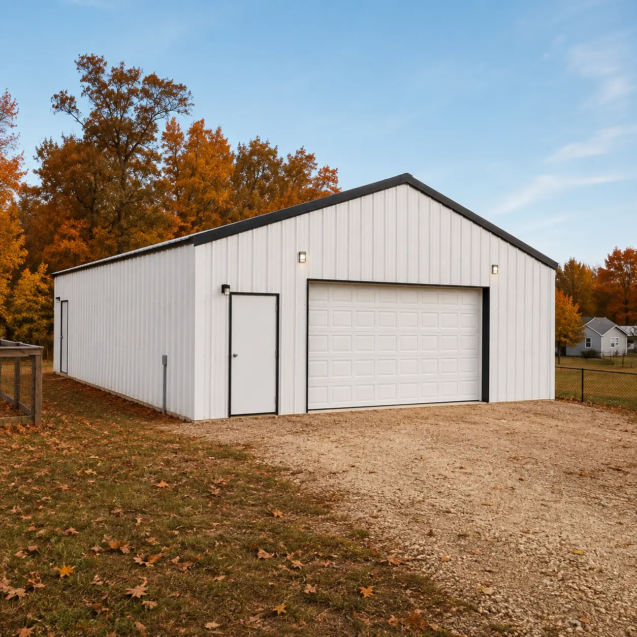 24x38x9 metal garage with one 10'x8' garage door and two fiberglass doors.