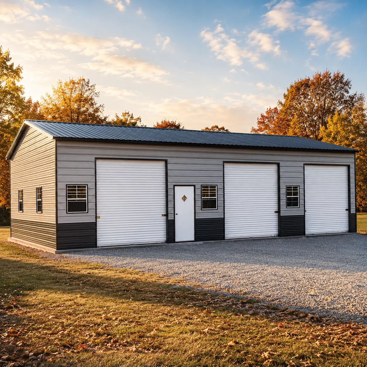24x45x9 metal garage with three 8'x8' garage doors, five 24"x36" windows, and one fiberglass door with a diamond window.