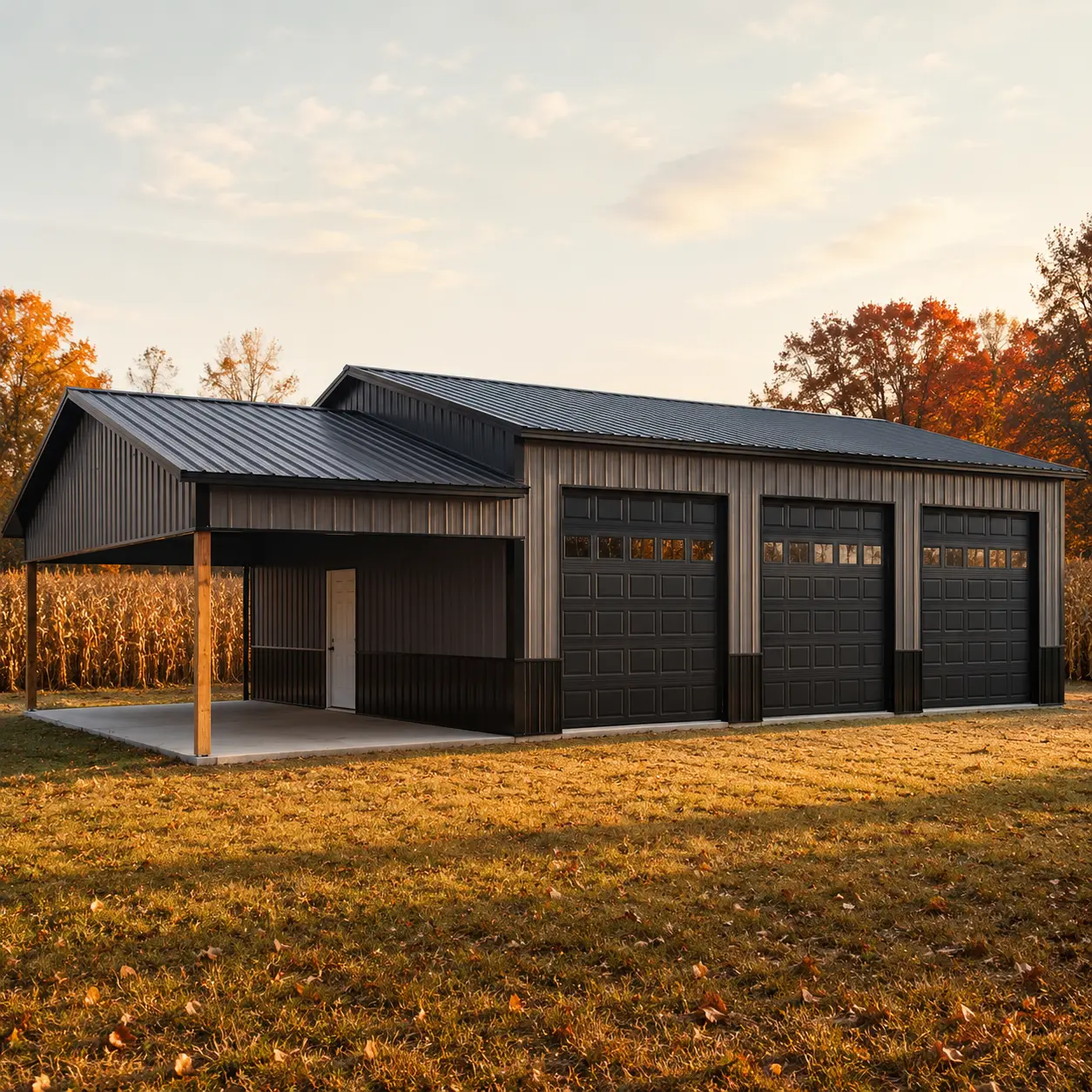 24x50x11 metal workshop with 35' center storage, three 10'x10' garage doors, and one steel 6-panel door.