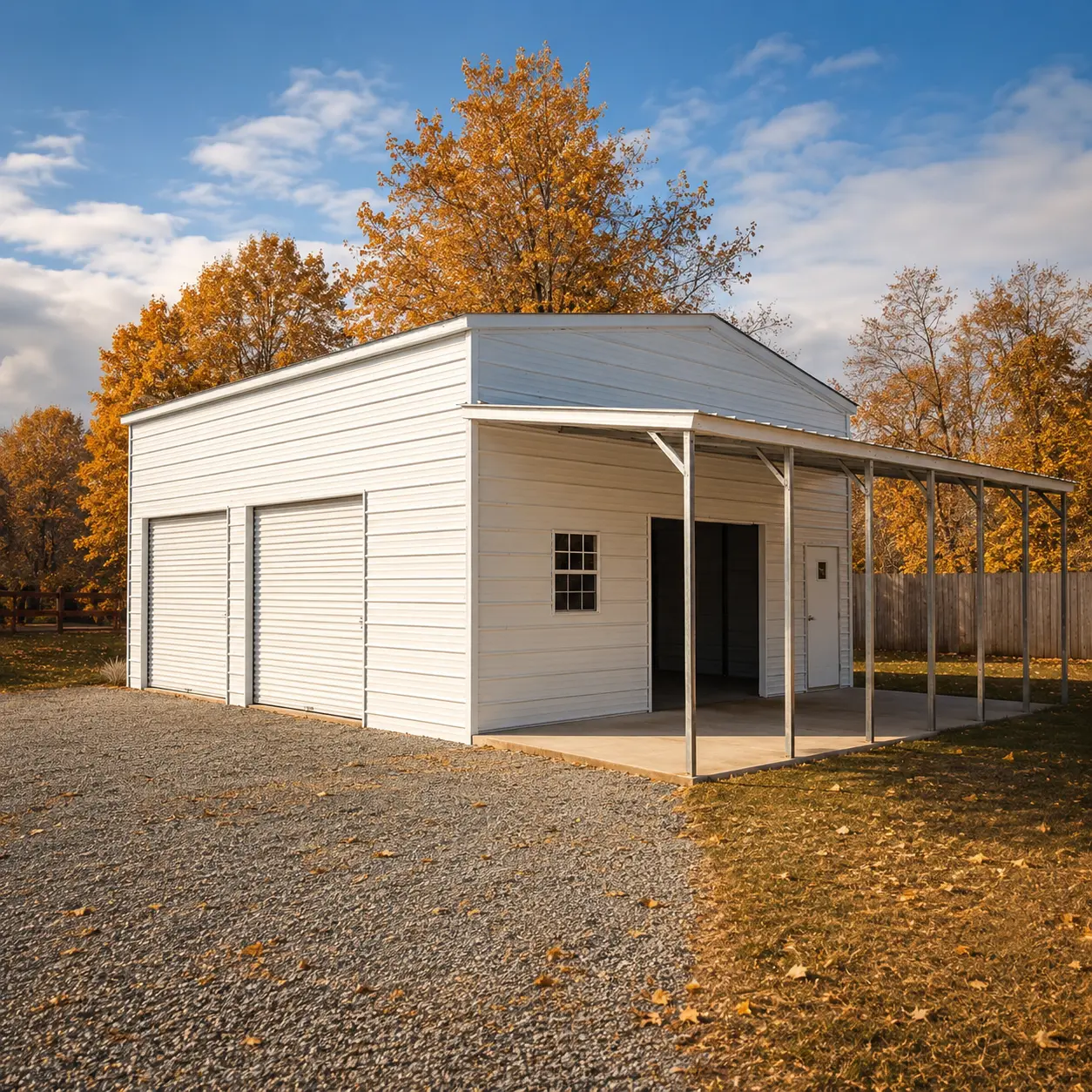 30x30x14 metal garage with a 10'x31'x10' front section, three garage doors, one 24"x36" window, and a fiberglass door with a diamond window.