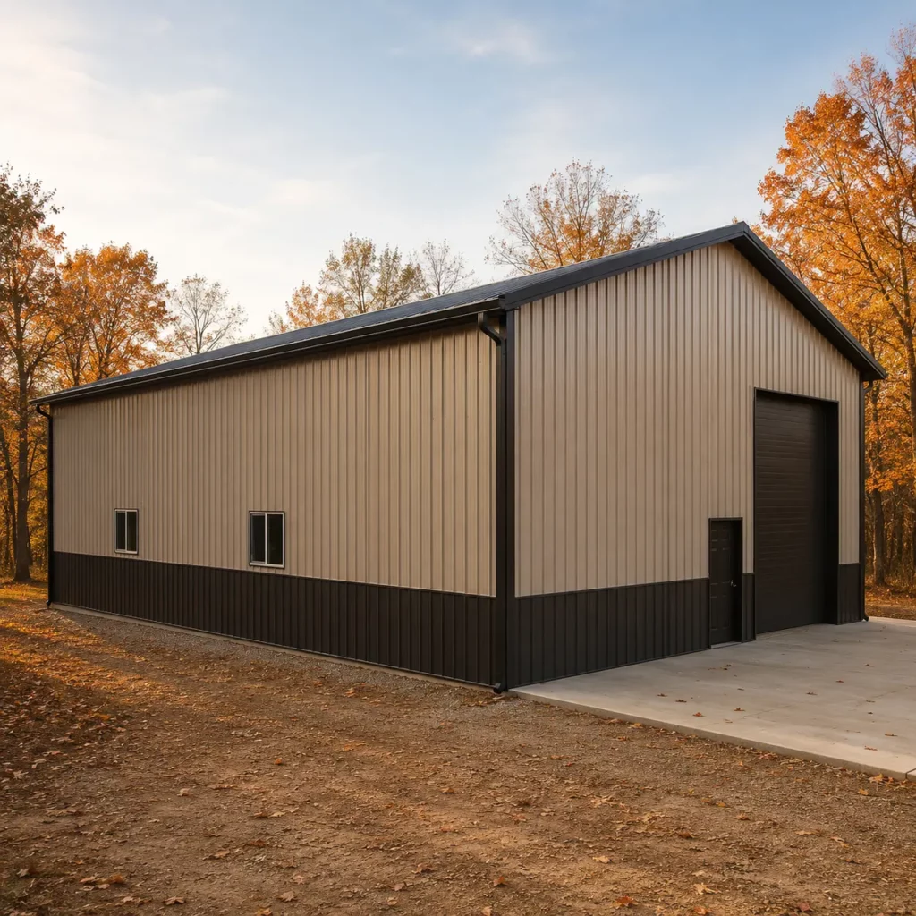 30x40x14 metal garage with one 10'x12' garage door, two 24"x36" windows, and one steel 6-panel door.