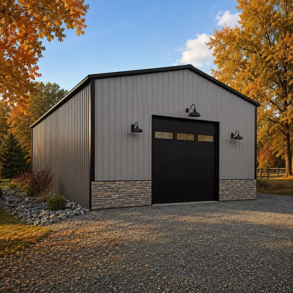 30x40x16 metal garage with one 12'x12' garage door and one solid fiberglass door.