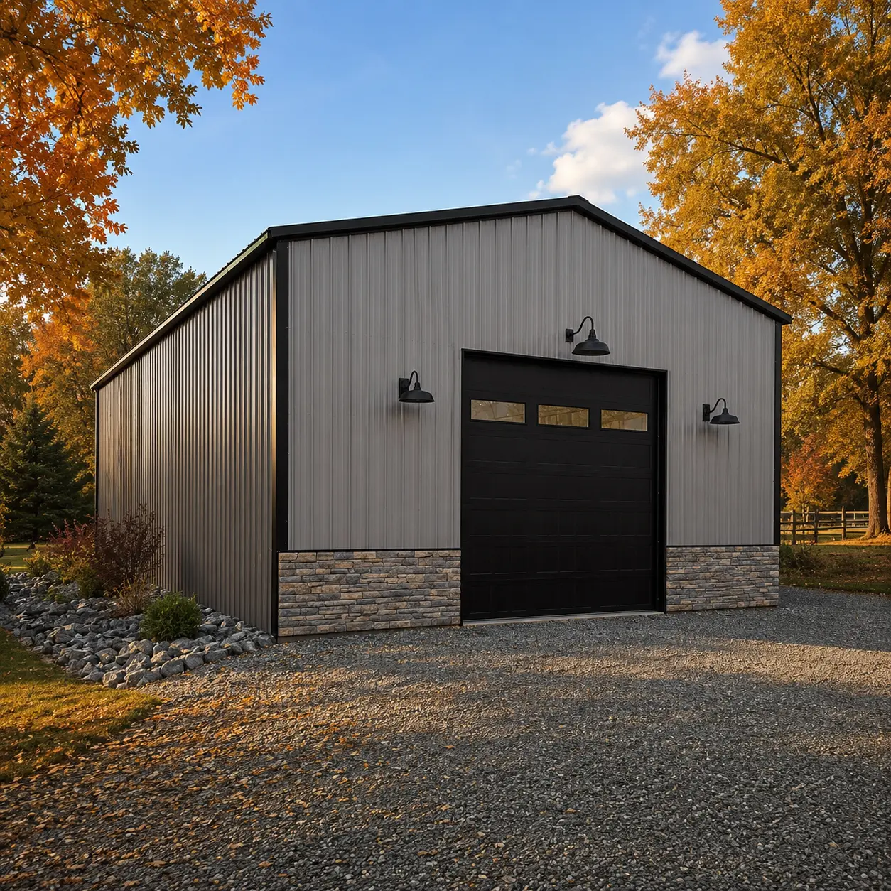 30x40x16 metal garage with one 12'x12' garage door and one solid fiberglass door.