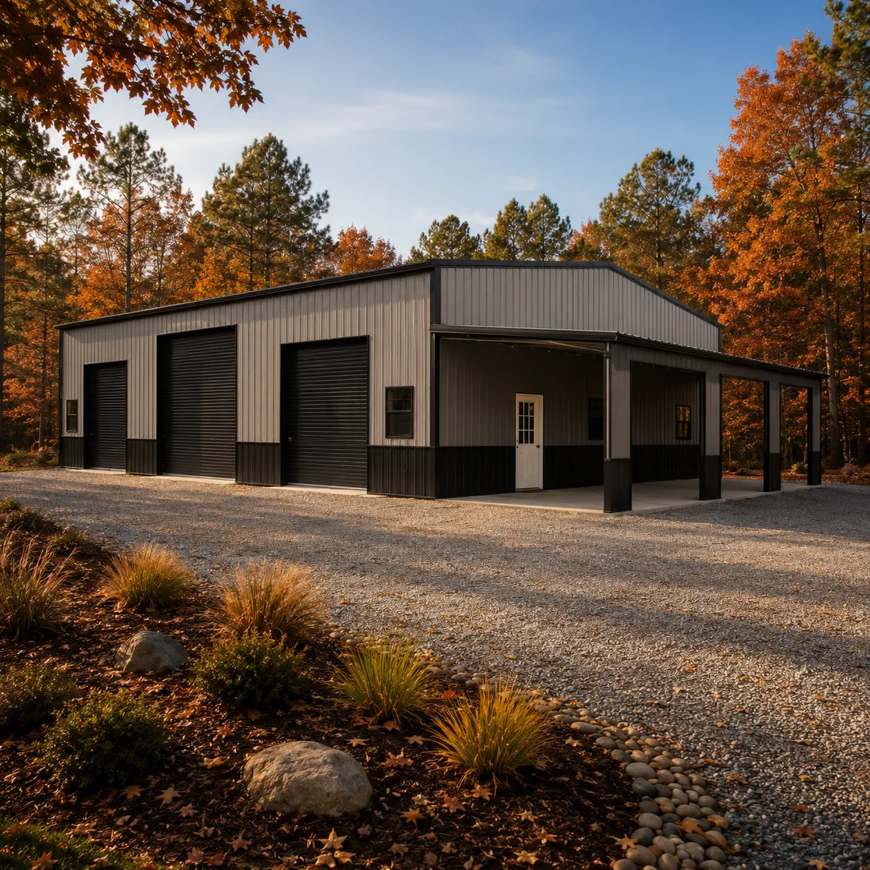 30x44x12 large building with a 30'x44'x12' main building, 12'x31'x8' front section, three garage doors, four windows, and a steel 9-lite door.