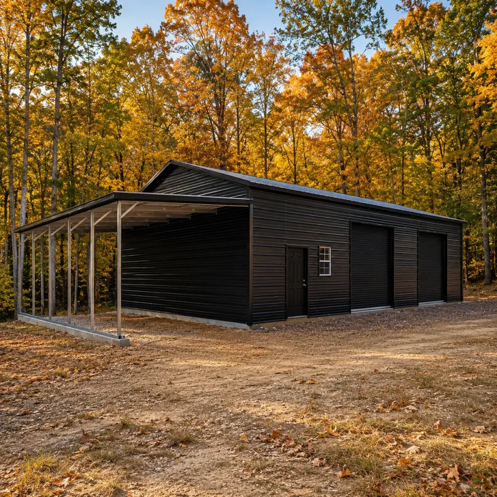 30x45x12 metal garage with a 12'x30'x8' front section, two 10'x10' garage doors, one 24"x36" window, and a solid fiberglass door.