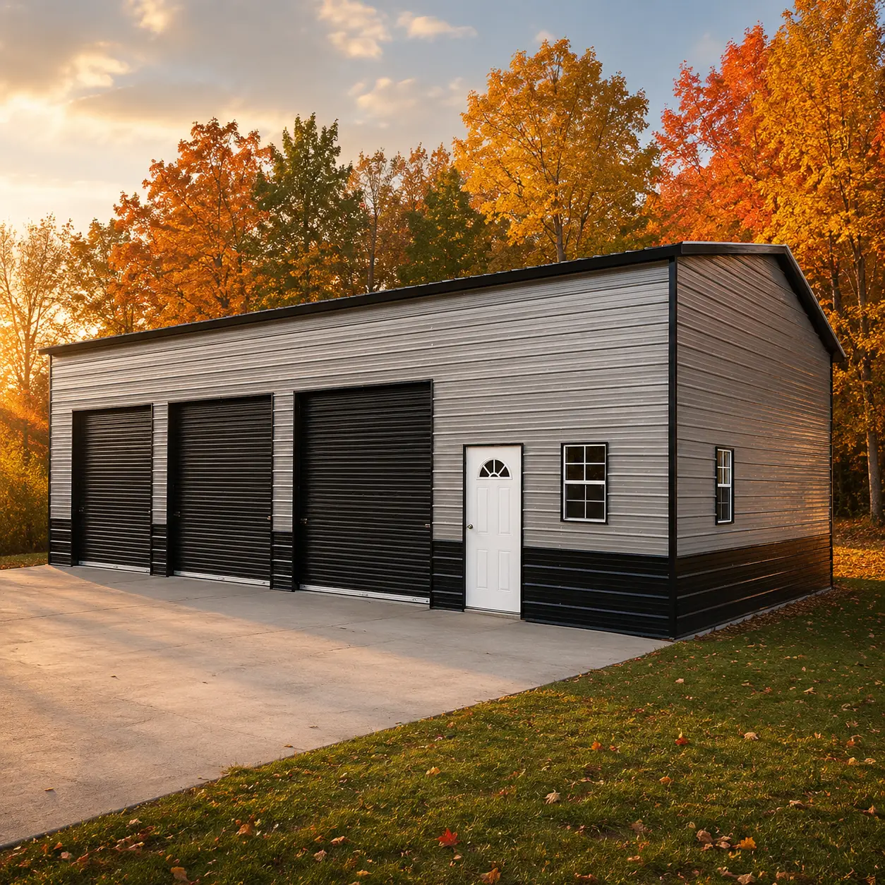 30x48x12 metal garage with three 10'x9' garage doors, two 24"x36" windows, and one steel sunburst door.