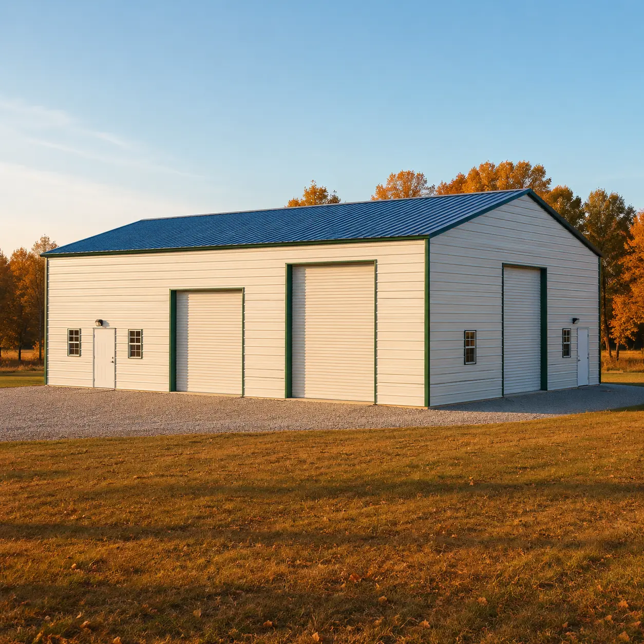 30x50x12 metal workshop with two 10'x10' garage doors, one 10'x9' garage door, four windows, and two steel 6-panel doors.