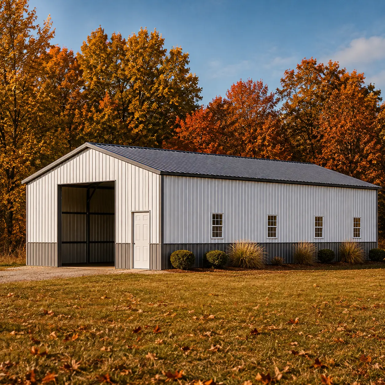 30x54x12 metal garage with one 12'x12' frameout, four 24"x36" windows, and one solid fiberglass door.