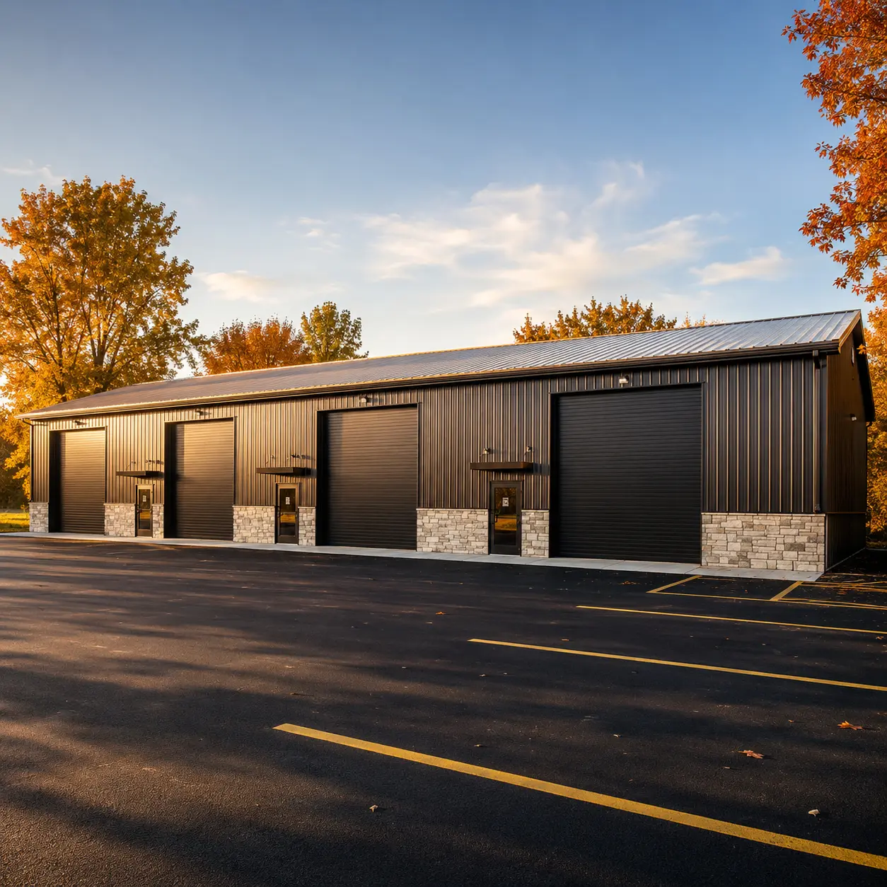 30x90x14 large building with four 12'x12' garage doors and three steel 9-lite doors.