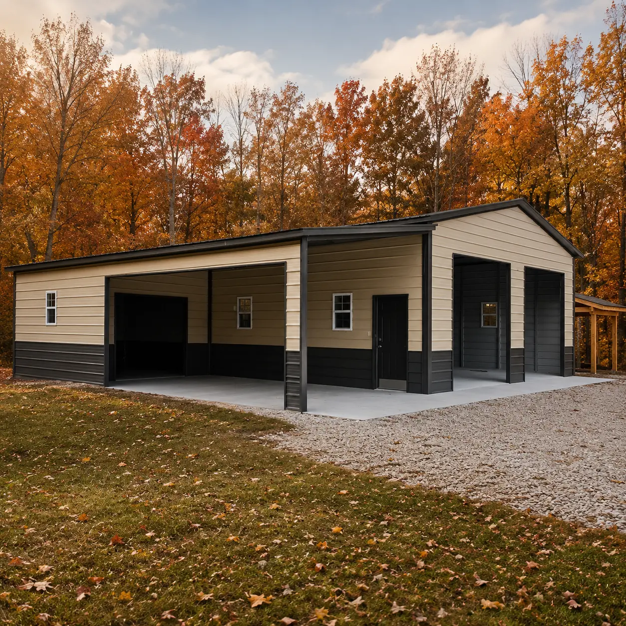 34x40x12 metal garage with left-side section, 15' lean storage, three frame outs, one 6'x7' garage door, four 24"x36" windows, and fiberglass door.