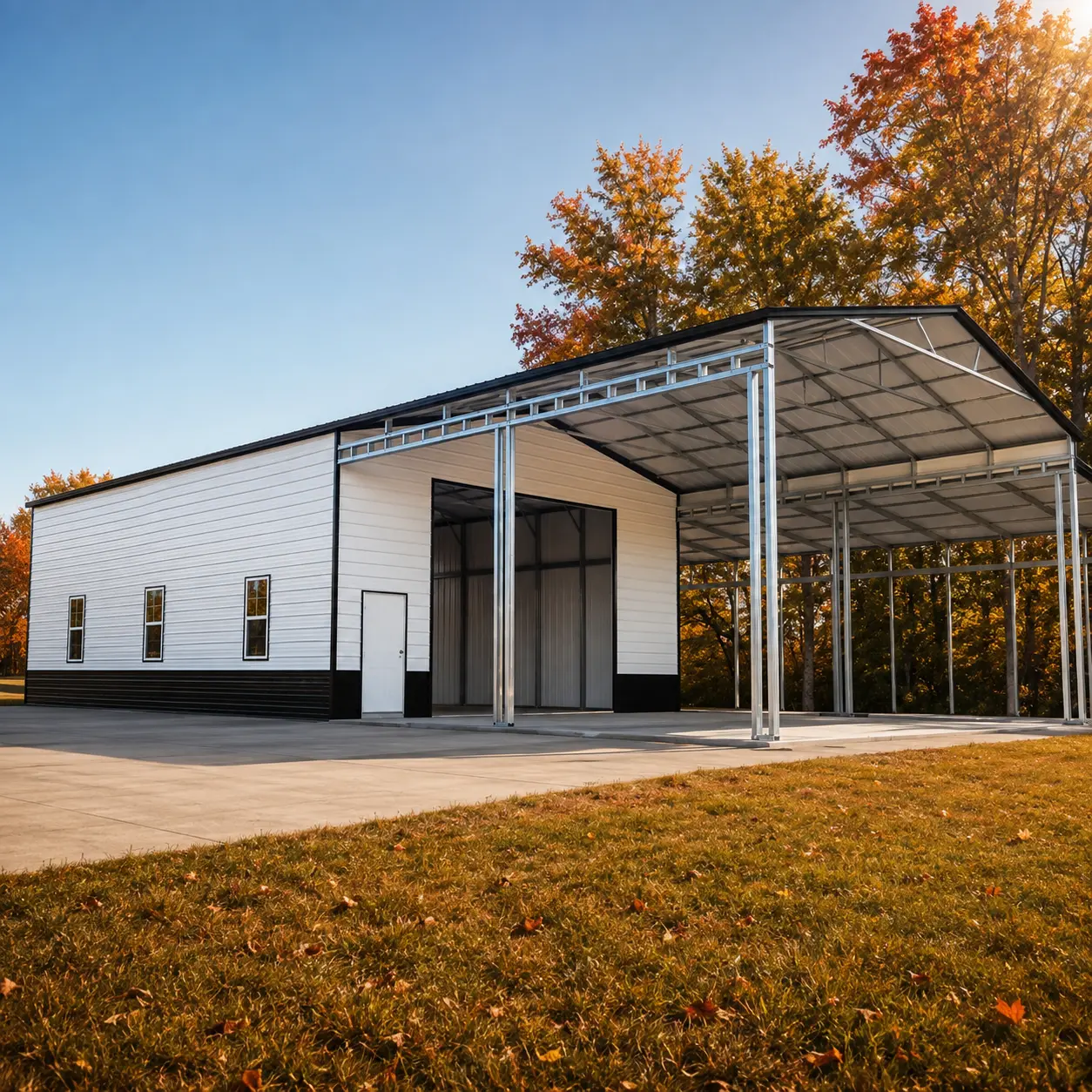 34x42x12 large building with 25' center storage, right-side section, one 10'x10' frame out, three 24"x36" windows, and a solid fiberglass door.