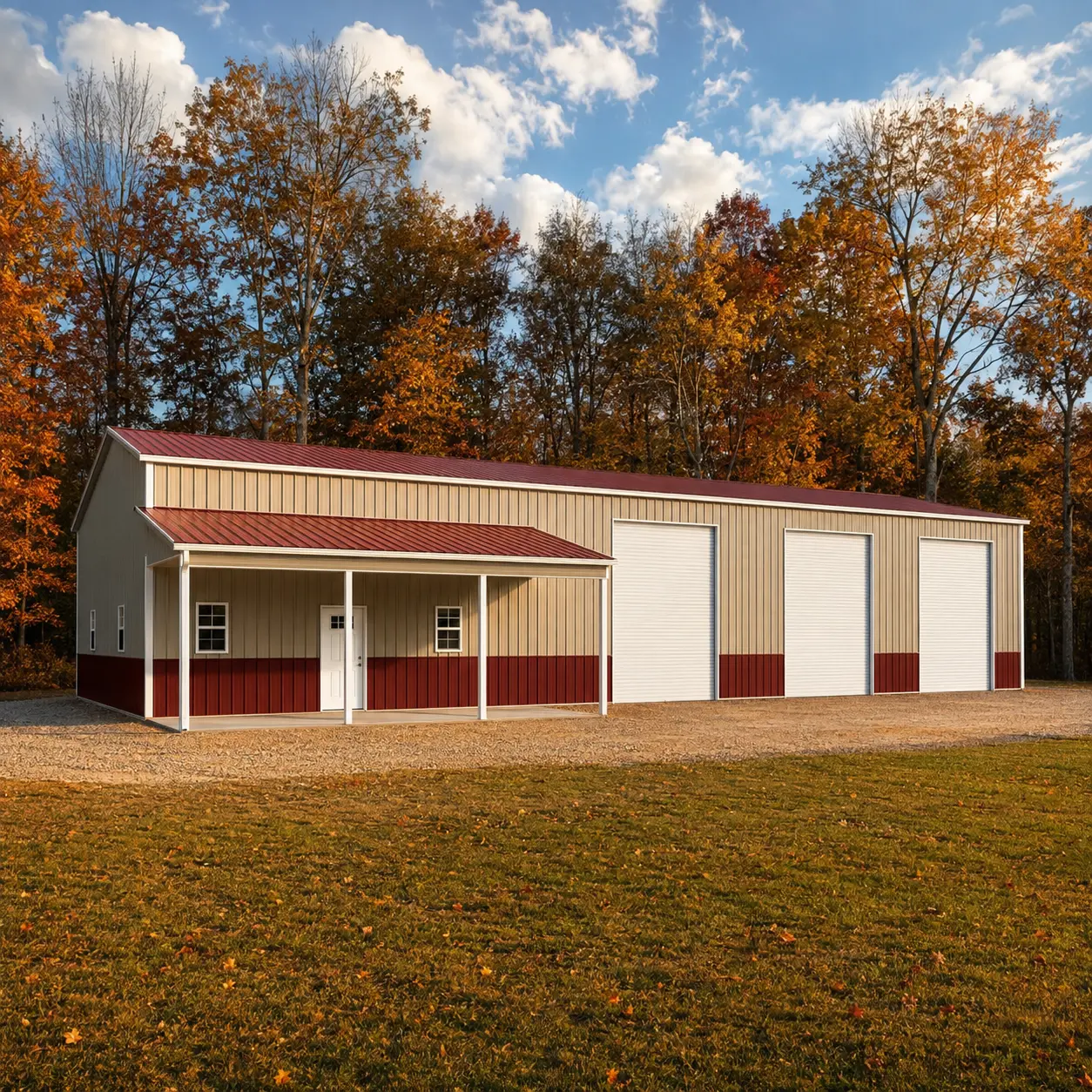 34x80x14 metal garage with a 24'x80'x14' main building, right-side section, three 12'x12' garage doors, four windows, and a steel sunburst door.