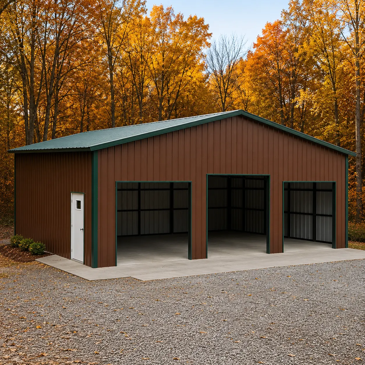 36x25x12 metal garage with one 10'x10' frame out, two 10'x8' frame outs, and one fiberglass door with a diamond window.