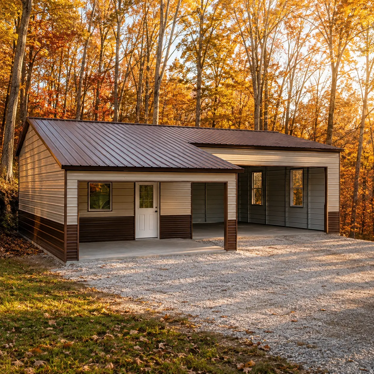38x45x13 metal garage with a 26'x45'x13' main building, 12'x21'x9' right-side section, one 20'x11' frame out, three 24"x36" windows, and one steel 9-lite door.