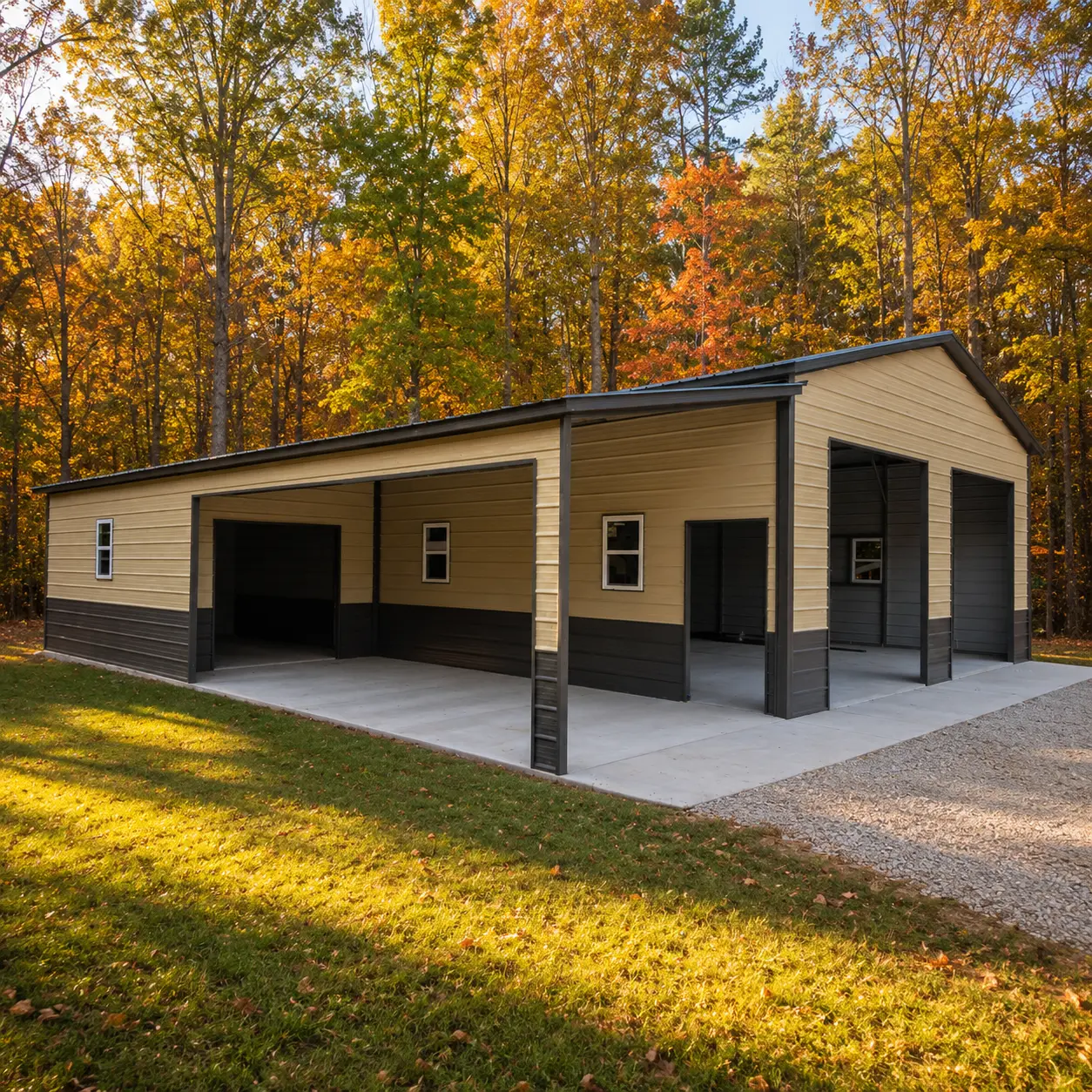 38x45x14 metal garage with a 24'x45'x14' main building, left-side section, 20' lean storage, five frame outs, and four 24"x36" windows.