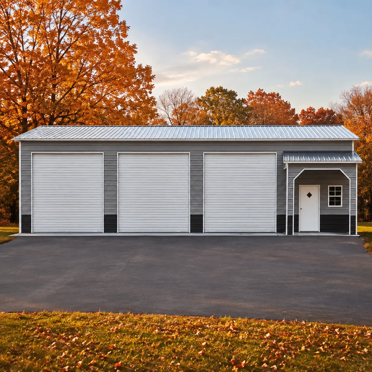 38x53x14 metal garage with a 30'x53'x14' main building, 8'x14'x10' right section, three 10'x12' garage doors, one 24"x36" window, and a fiberglass door with a diamond window.