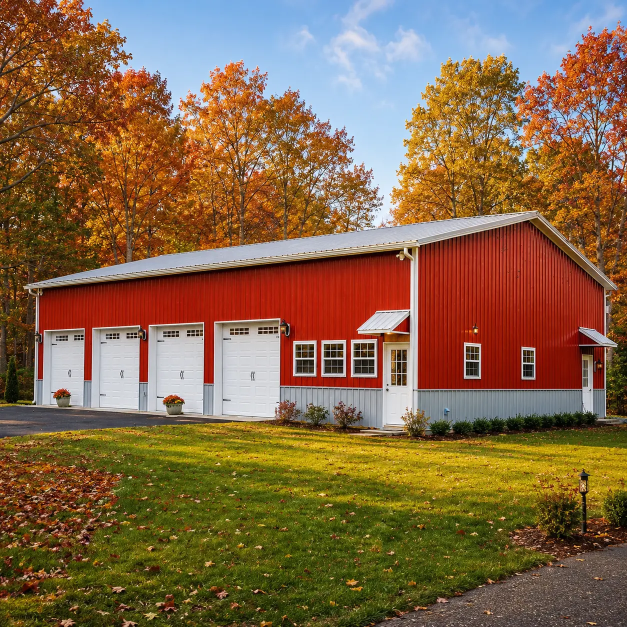 42x68x14 metal building with four 10'x9' garage doors, five 36"x36" windows, and two steel 9-lite doors.