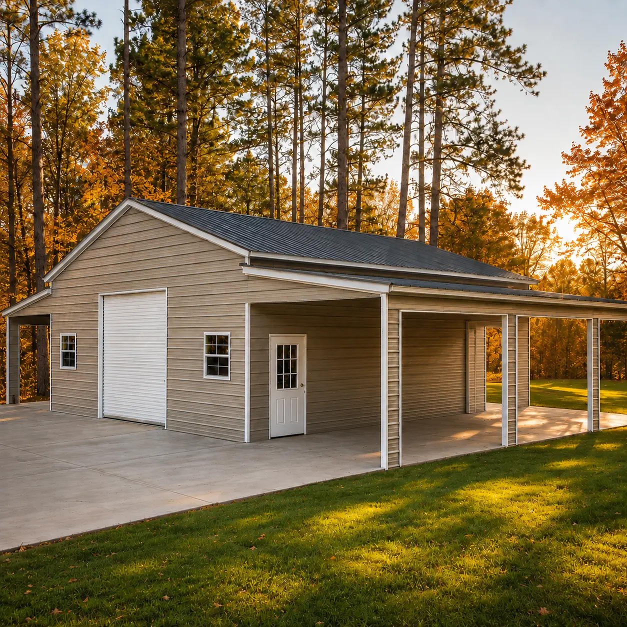 45x35x12 metal garage with a 21'x35'x12' main building, dual 12'x35'x8' side sections, eight frame outs, a garage door, two windows, and a steel 9-lite door.