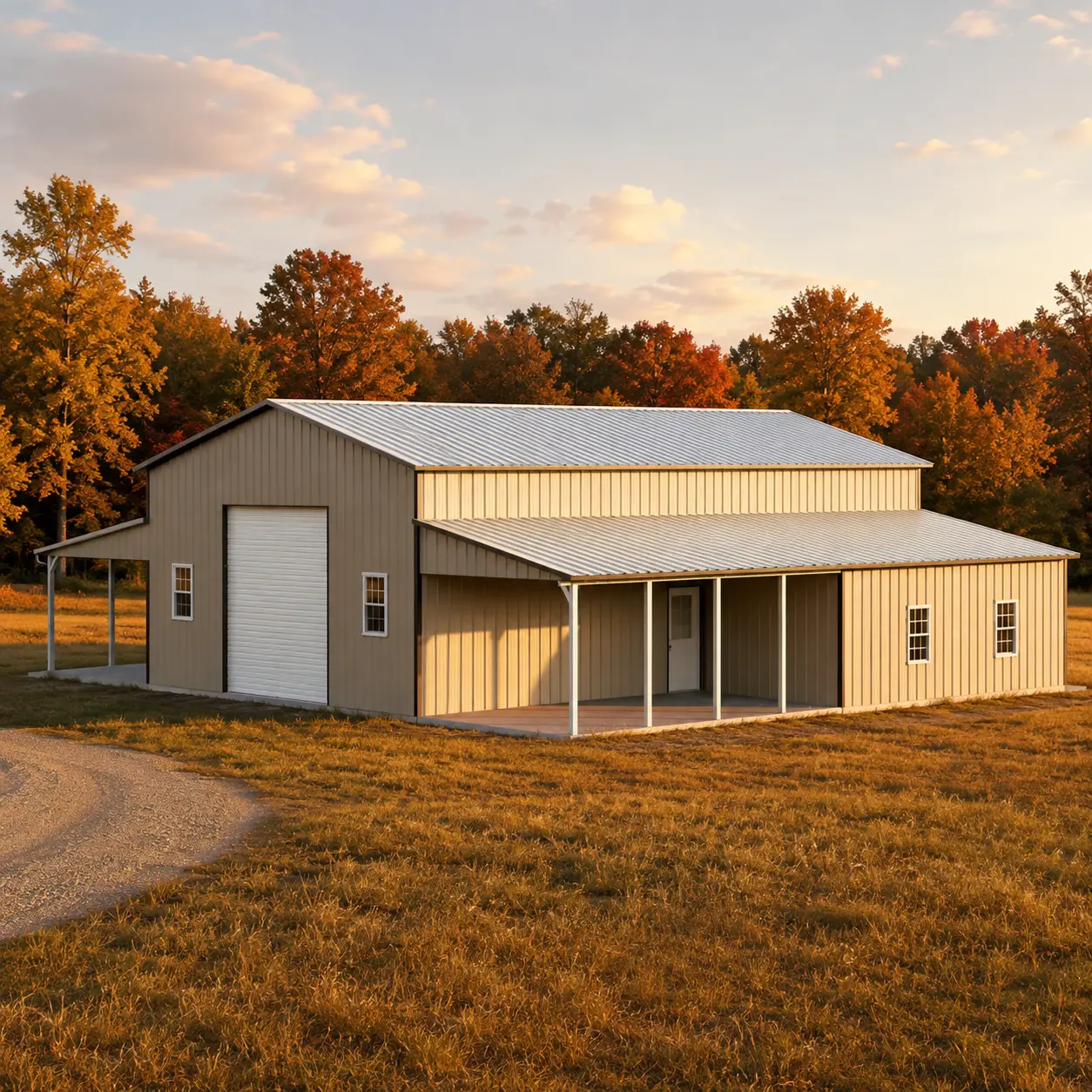50x40x14 metal building with dual side sections, 15' right lean storage, one 10'x12' garage door, four windows, and a steel 9-lite door.