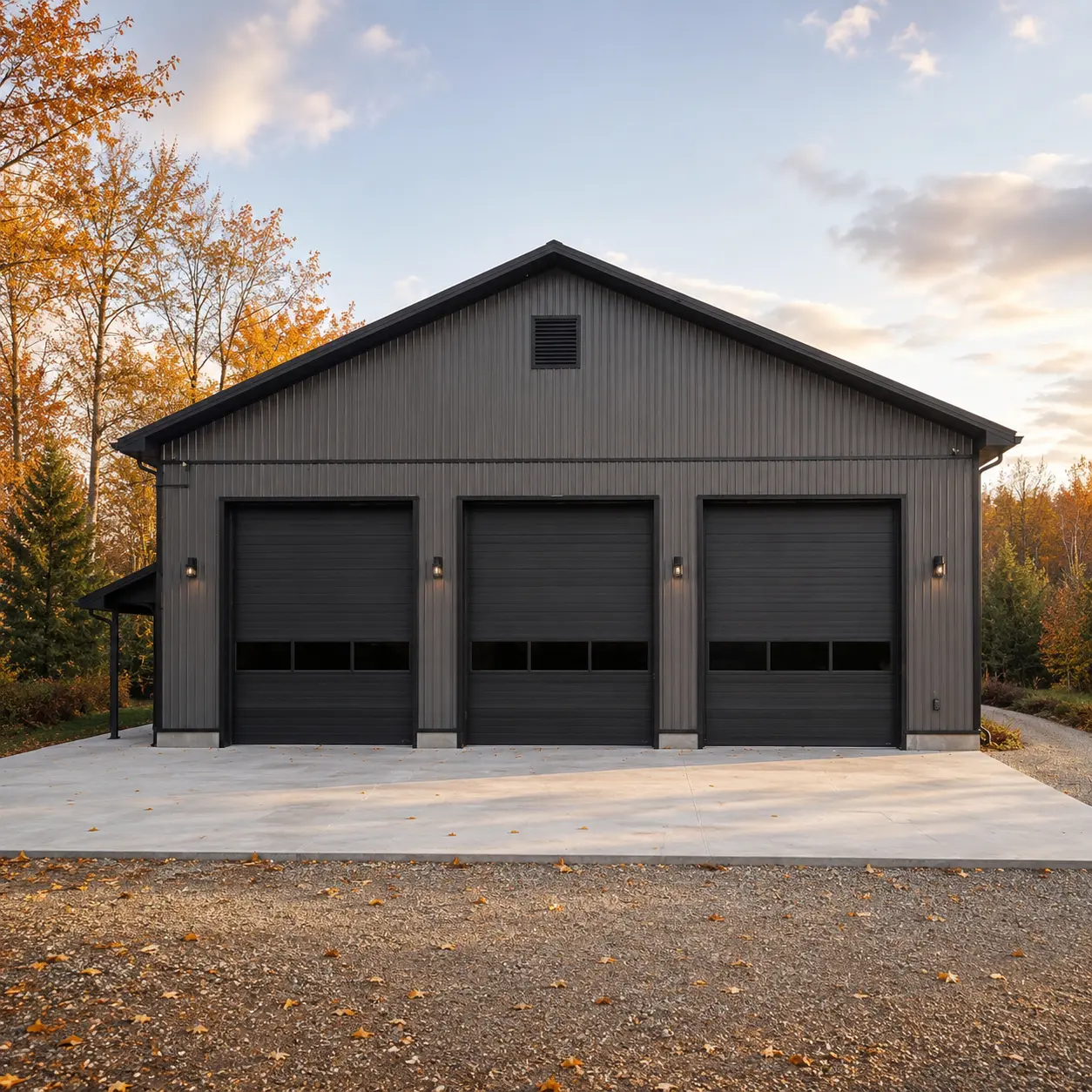 50x40x15 large building with a 43'x40'x15' main building, 7'x35'x8' left-side section, three 10'x12' garage doors, and one fiberglass door.