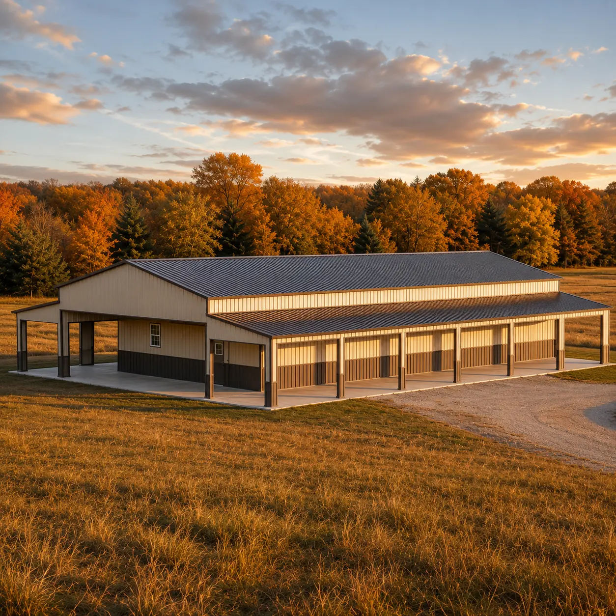 54x75x12 metal building with dual side sections, 65' center storage, 16 frame outs, two 24"x36" windows, and a solid fiberglass door.