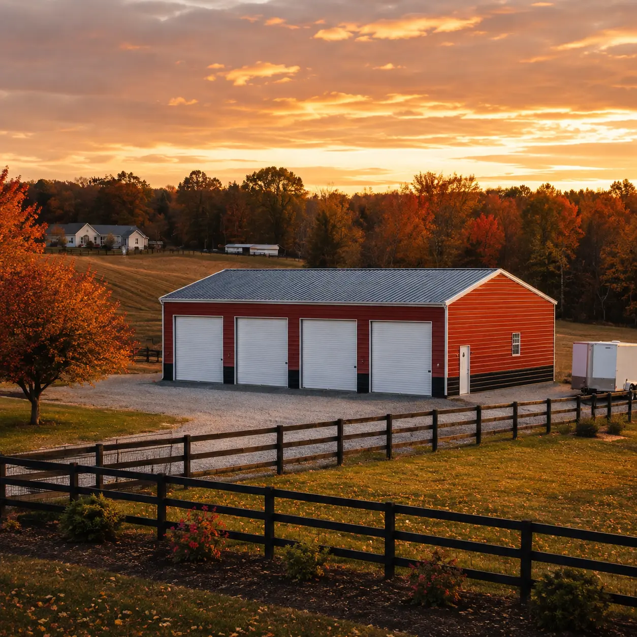30x60x12 metal garage with four 10'x10' garage doors, one 36"x36" window, and one solid fiberglass door.
